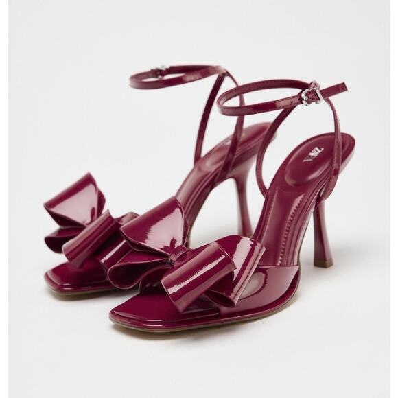 ZARA Red Embellished Heels NWT | Maxi Bow Strap Patent Finish - Picture 16 of 16